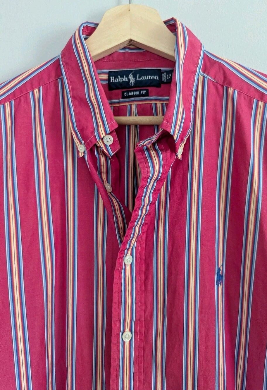 Vtg Ralph Lauren Shirt Mens XL Bold Pink Stripe Long Slv Button Down Classic Fit
